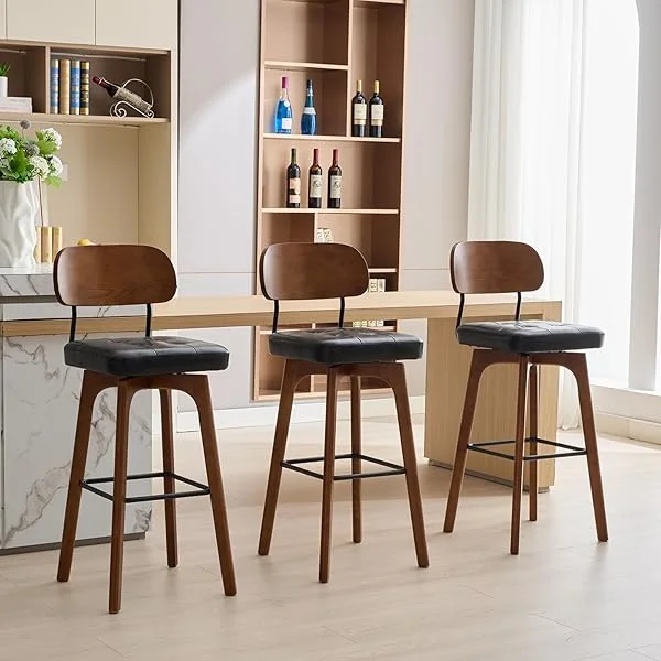 Swivel Bar Height Bar Stools with Rattan Back and Footrest，Leather Barstools Set of 3，29" seat Height Bar Chairs for Kitchen Island，Bentwood Wood Frame, Black Black Set of 3