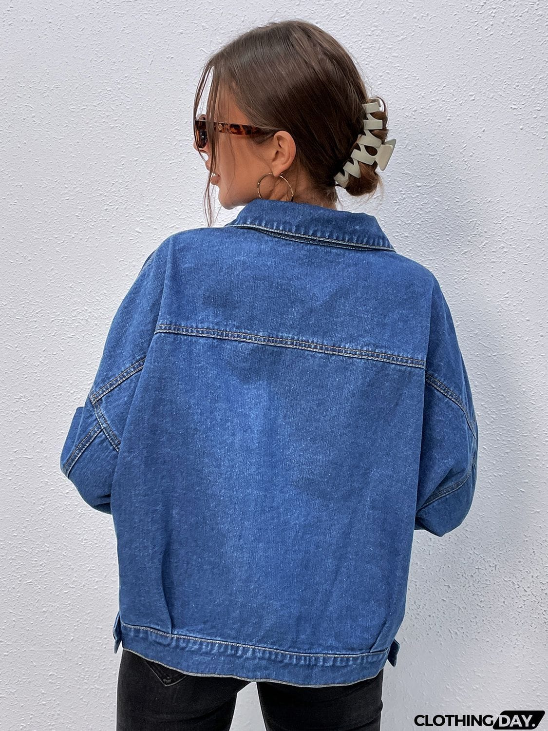 Collared Neck Dropped Shoulder Denim Jacket