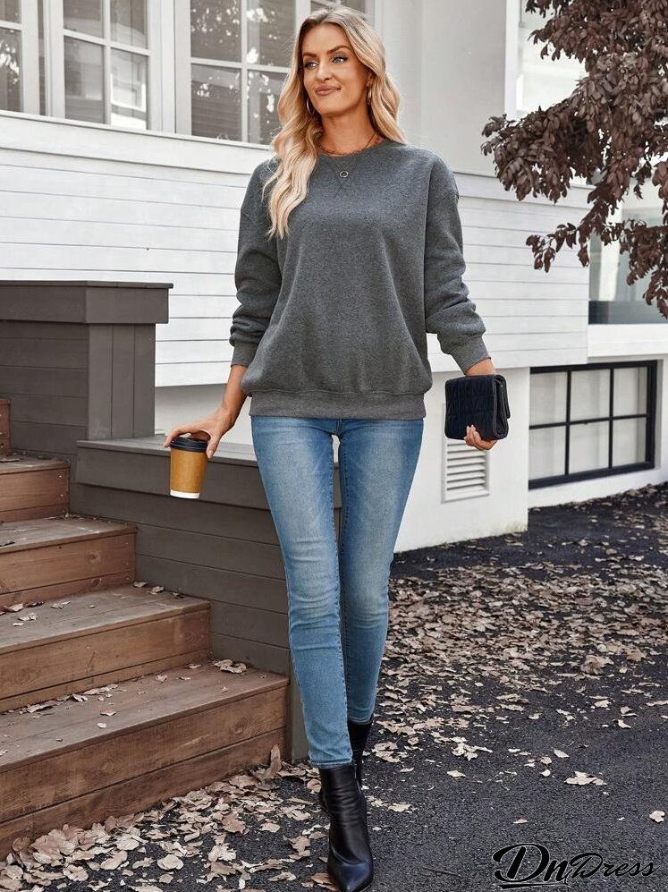 Women Plain Color Round Neck Drop Shoulder Long Sleeve Fleece Lined Casual Sweatshirt, Autumn/Winter