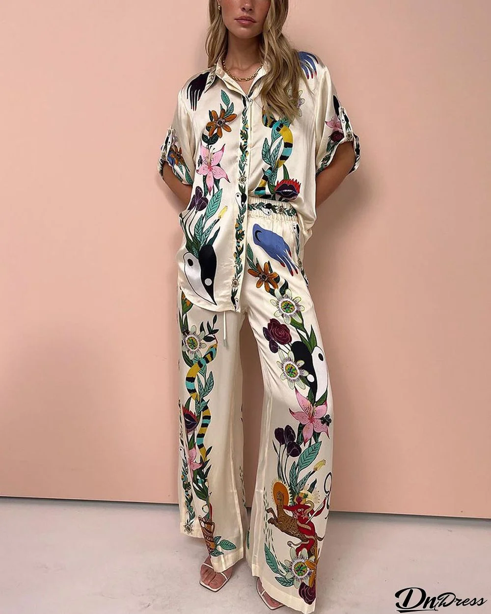 Flower jungle print casual two-piece set