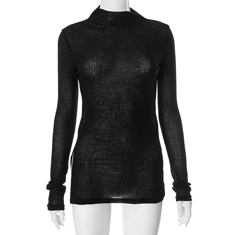 Turtleneck Long Sleeve Split Rib Knitted T-shirt