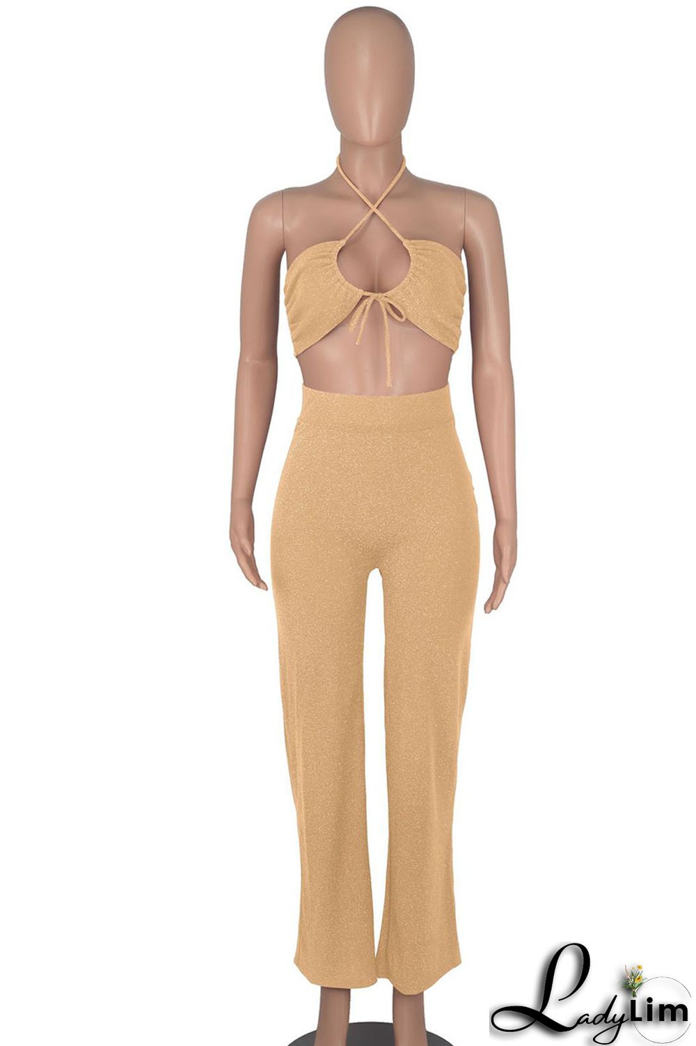 Khaki Sexy Solid Split Joint Frenulum Strapless Two Pieces