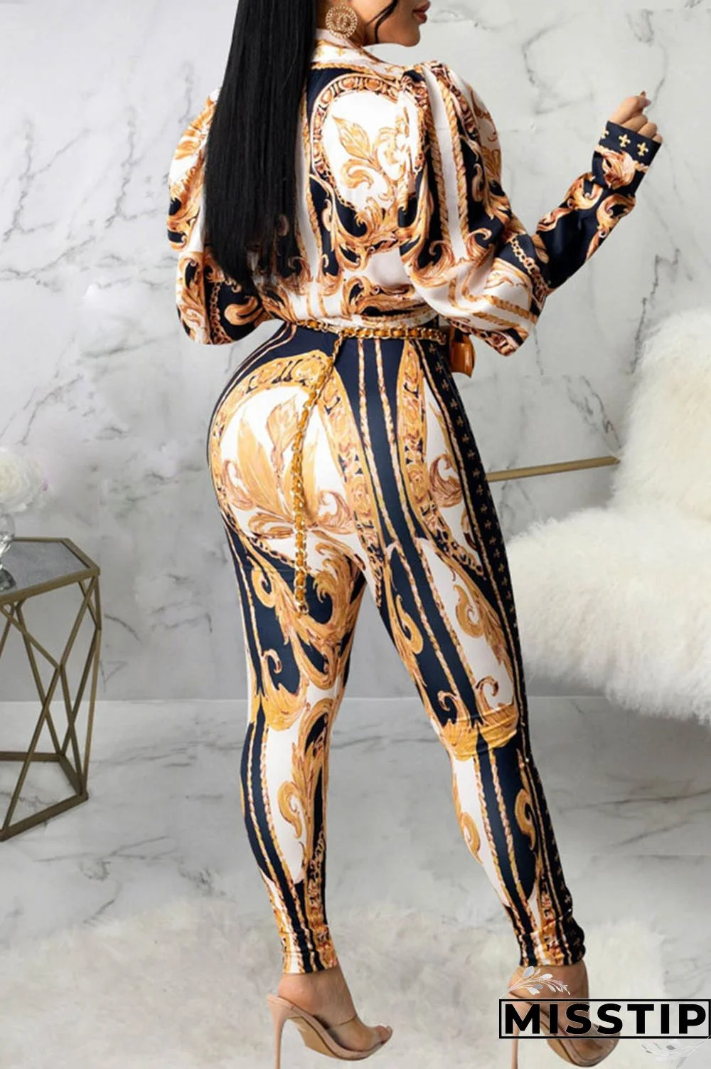 Deep Blue Casual Print Patchwork Turndown Collar Long Sleeve Two Pieces