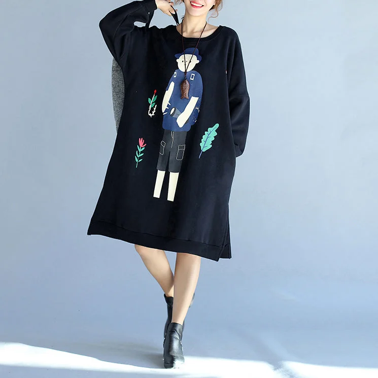 2021 winter black thick cotton dresses plus size prints long sleeve side open  casual shift dress