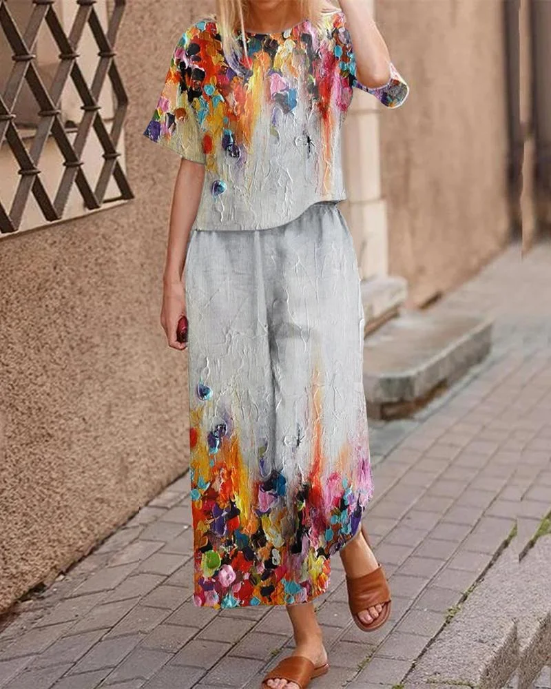 Casual Short Sleeve Floral Print Suit