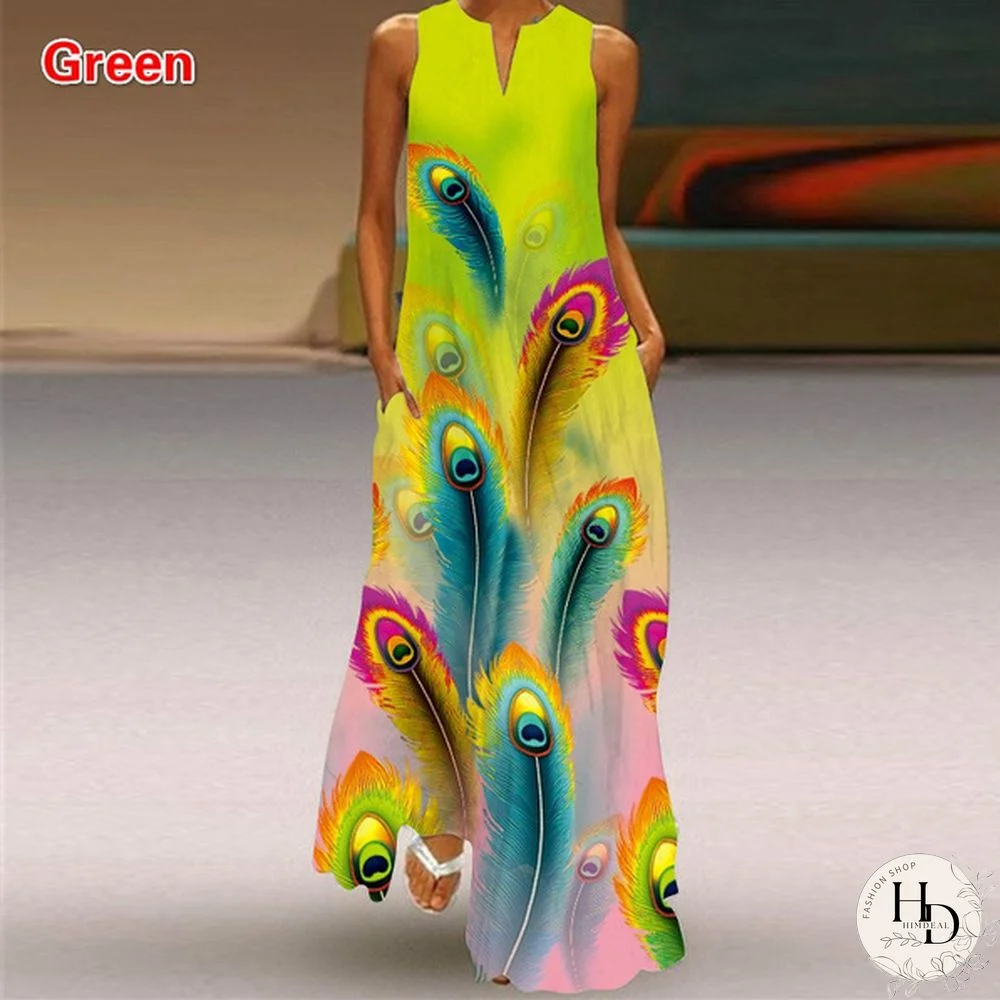 Summer Women's Sleeveless Long Skirt V-Neck Printed Dress Women's Clothing