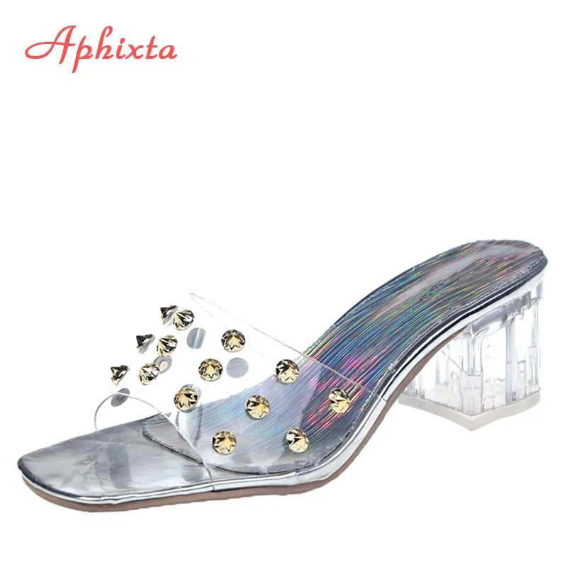 Aphixta Transparent Slippers Women Shoes Square Heels Slippers Woman Colored Dress Shoes Rhinestone Heeled Rivets Slides