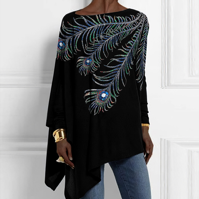  Western Peacock Feather Print Round Neck Long Sleeve Loose T-Shirt Westsshops
