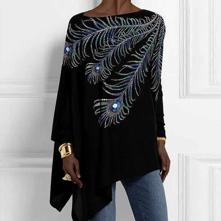 Western Peacock Feather Print Round Neck Long Sleeve Loose T-Shirt