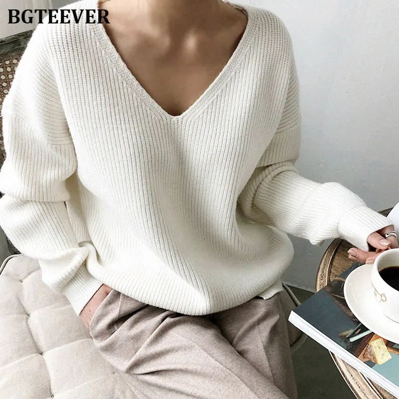 BGTEEVER Casual V-neck Long Sleeve Loose Women Pullover Sweaters 2020 Autumn Winter Chic Irregular Hem Female Knitting Jumpers