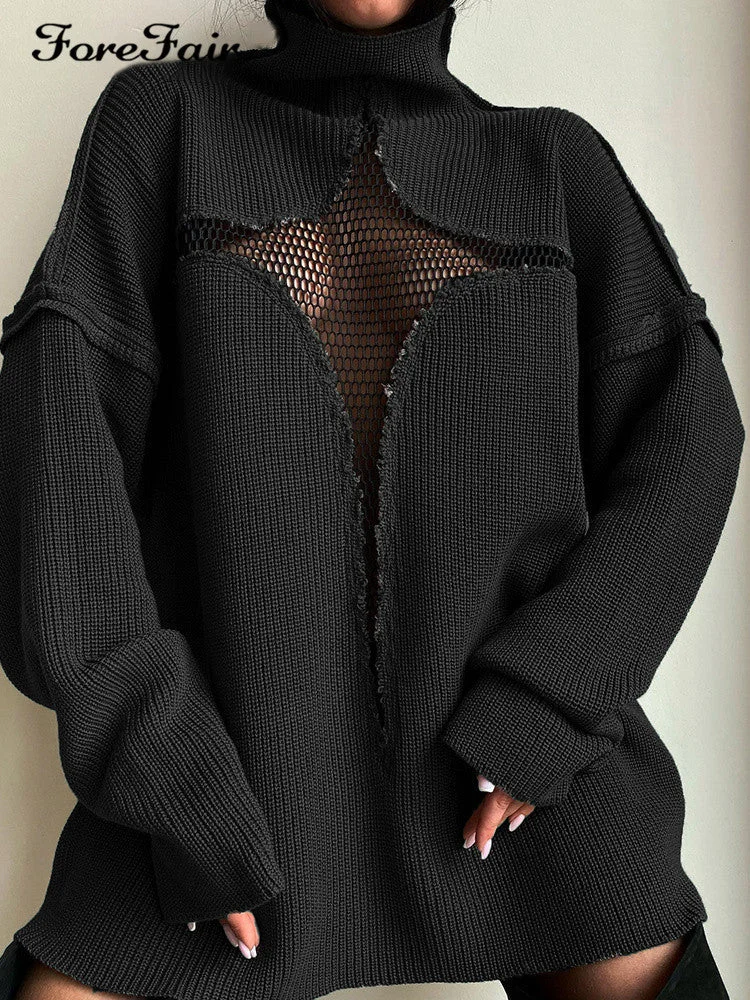 Brownm Sexy Mesh Vacation Loose Knitted Pullover Sweaters
