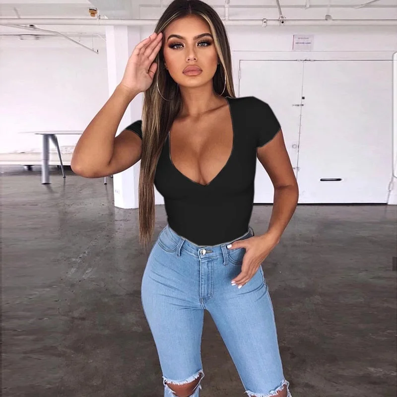 2021 Summer Fashion Streetwear Women Top Solid Color Short Sleeve Low-cut T-shirts Sexy Deep U-neck Tops  Blusas Mujer De Moda