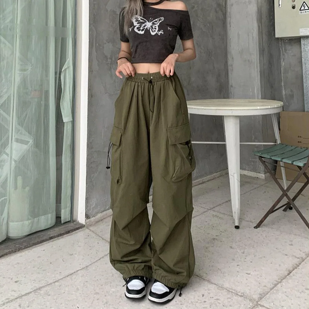 Tanguoant Army Green Cargo Pants Sweatpants Streetwear Hip Hop Joggers Drawstring Casual Loose Wide Leg Plus Size Womens Pants