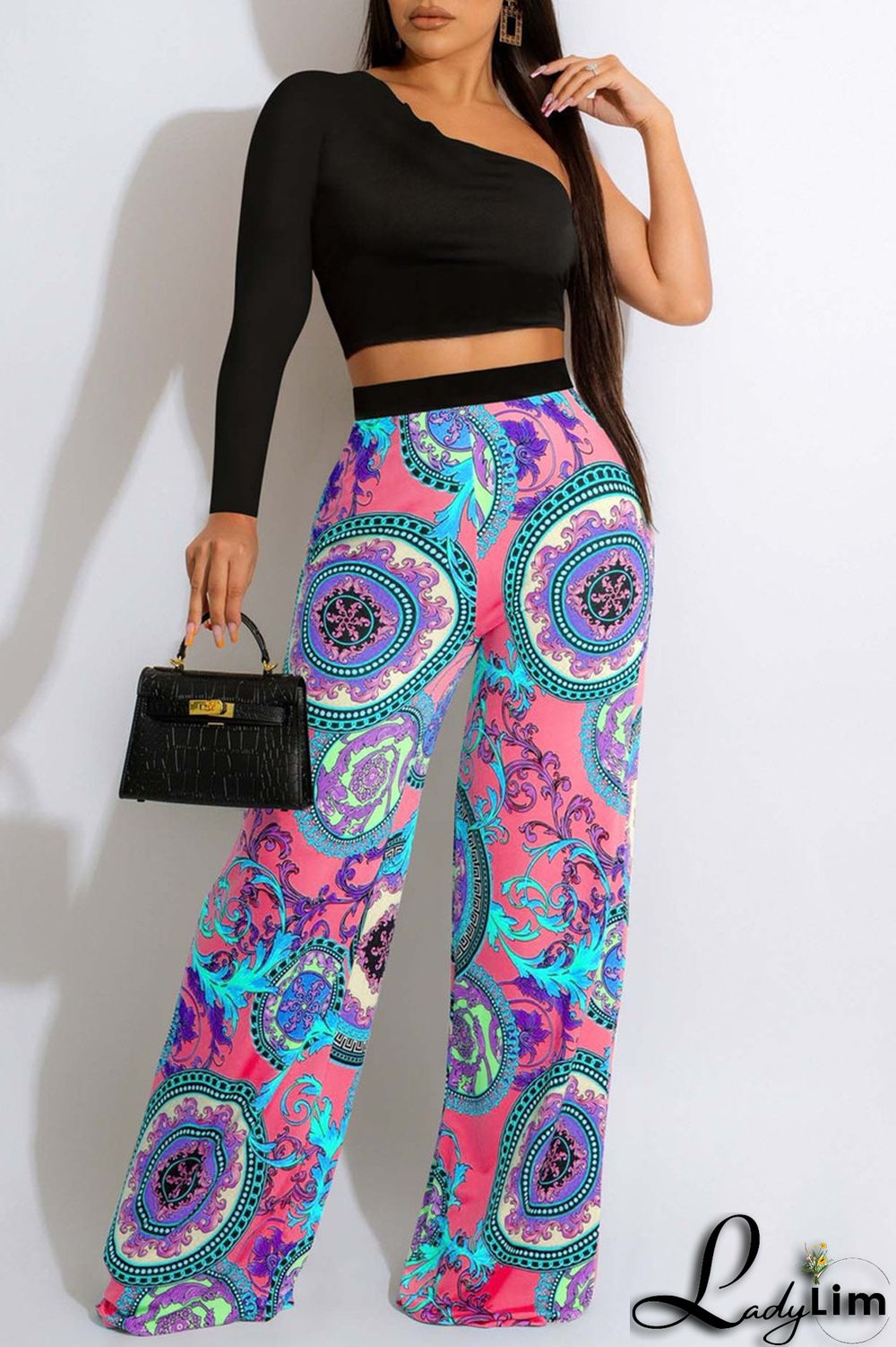 Sky Blue Fashion Casual Print Patchwork Backless Oblique Collar Long Sleeve Two Pieces