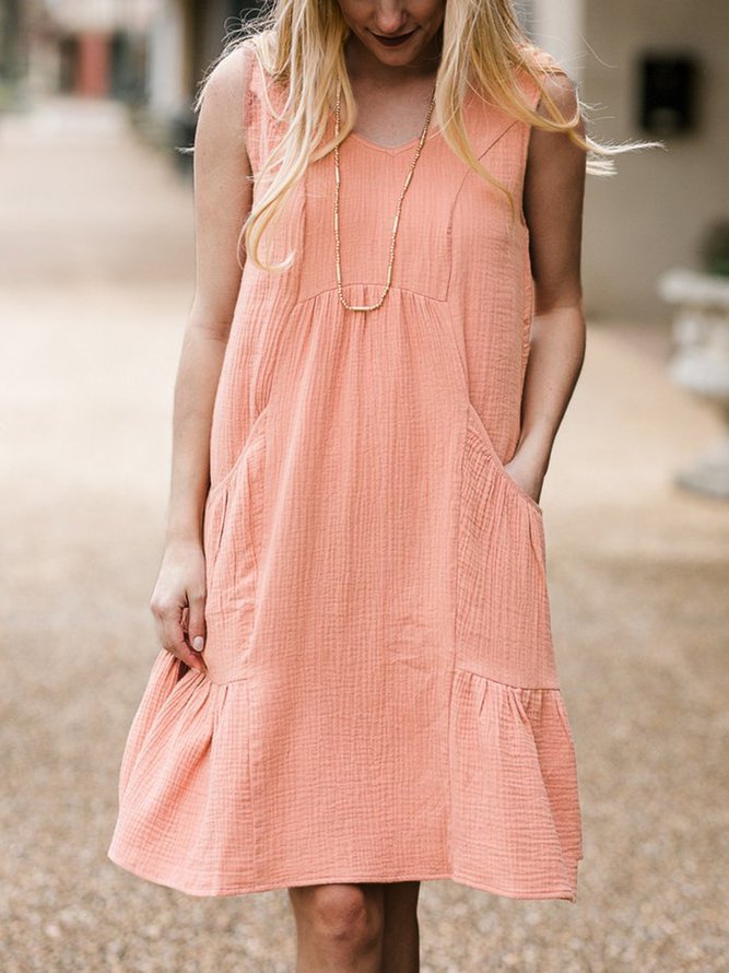 Apricot Pure Round Neck Casual Midi Dress Zaesvini