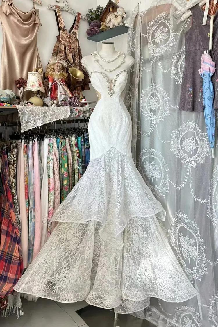 Fairy White Lace Strapless Mermaid Dress | Crystal Cutout Multi-Layer Train Gown, Wedding Gala Gift Dress for Girls
