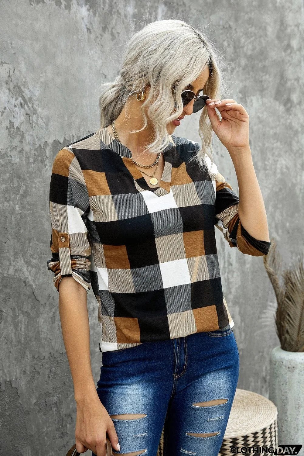 Contrast Plaid V Neck Long Sleeve Top