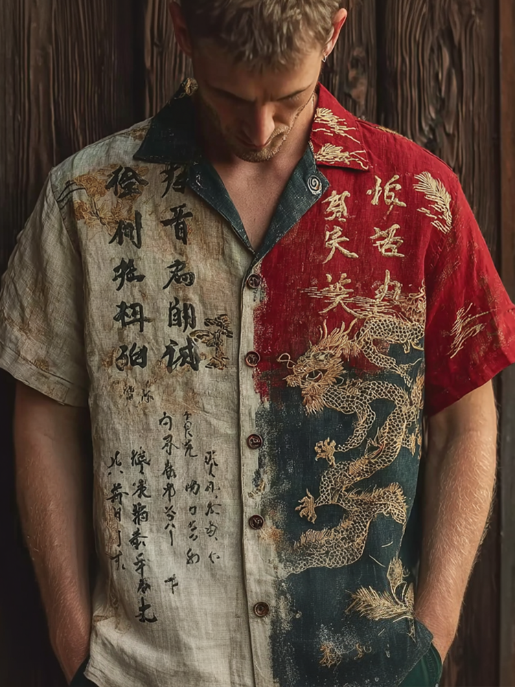 Japanese Art Retro Pattern Clash Color Design Men's Casual Linen Shirt elevenforest