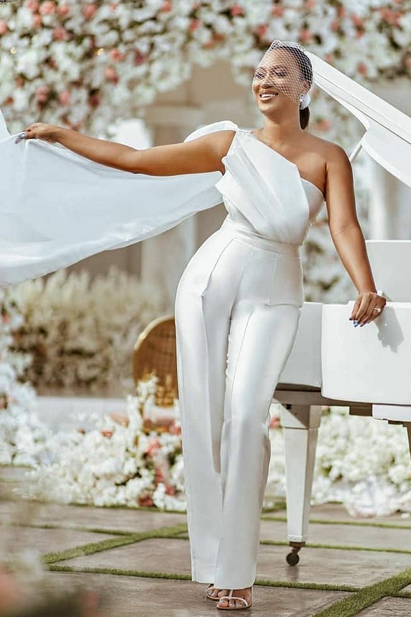 Oknass Chic White One Shoulder Sleeveless Strapless High Waist Jumpsuit with Tulle