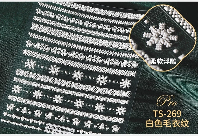 1pc Winter Knit Sweater Cloth Pattern 5D Nails Decal Engraved Embossed Nail Art Adhesive Decals For New Year Valentines Gifts-Nail Inspo