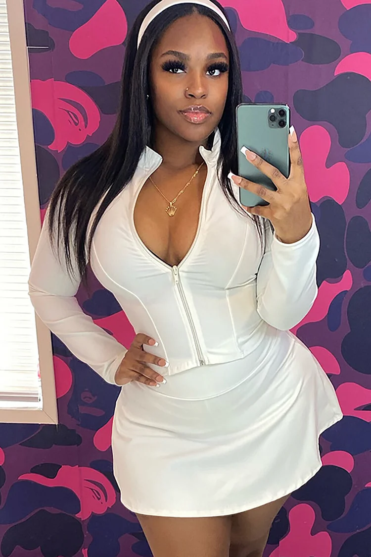 Zipper Stand Collar Long Sleeve Top Solid Color Mini Skirt 2pcs Set-White