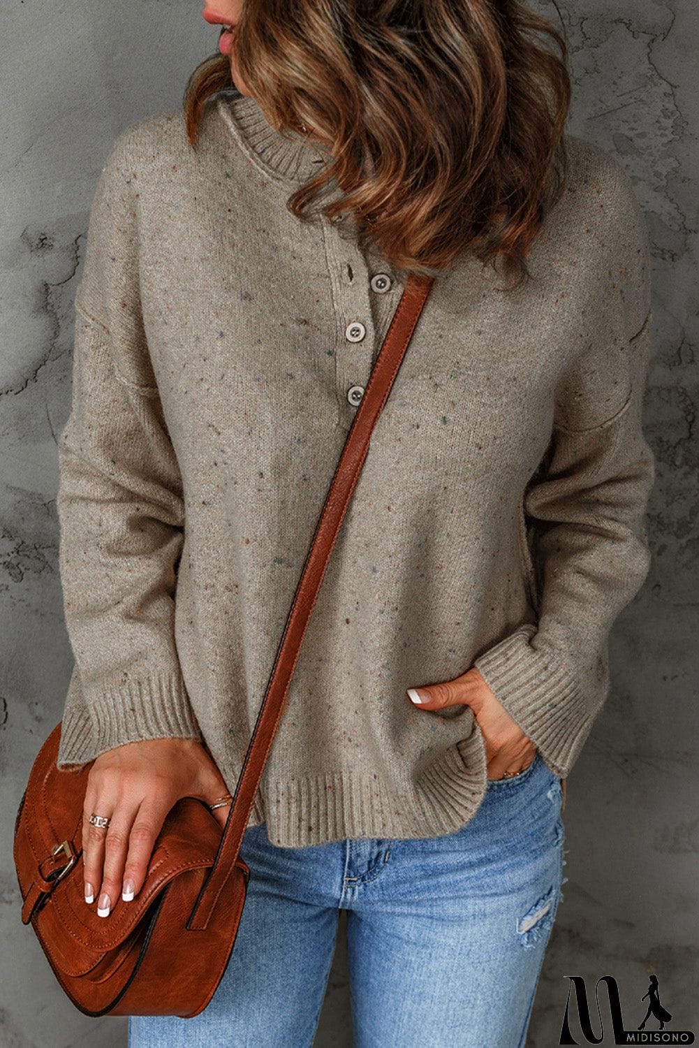 MidiSono - Khaki Buttoned V Neck Colorful Pilling Sweater