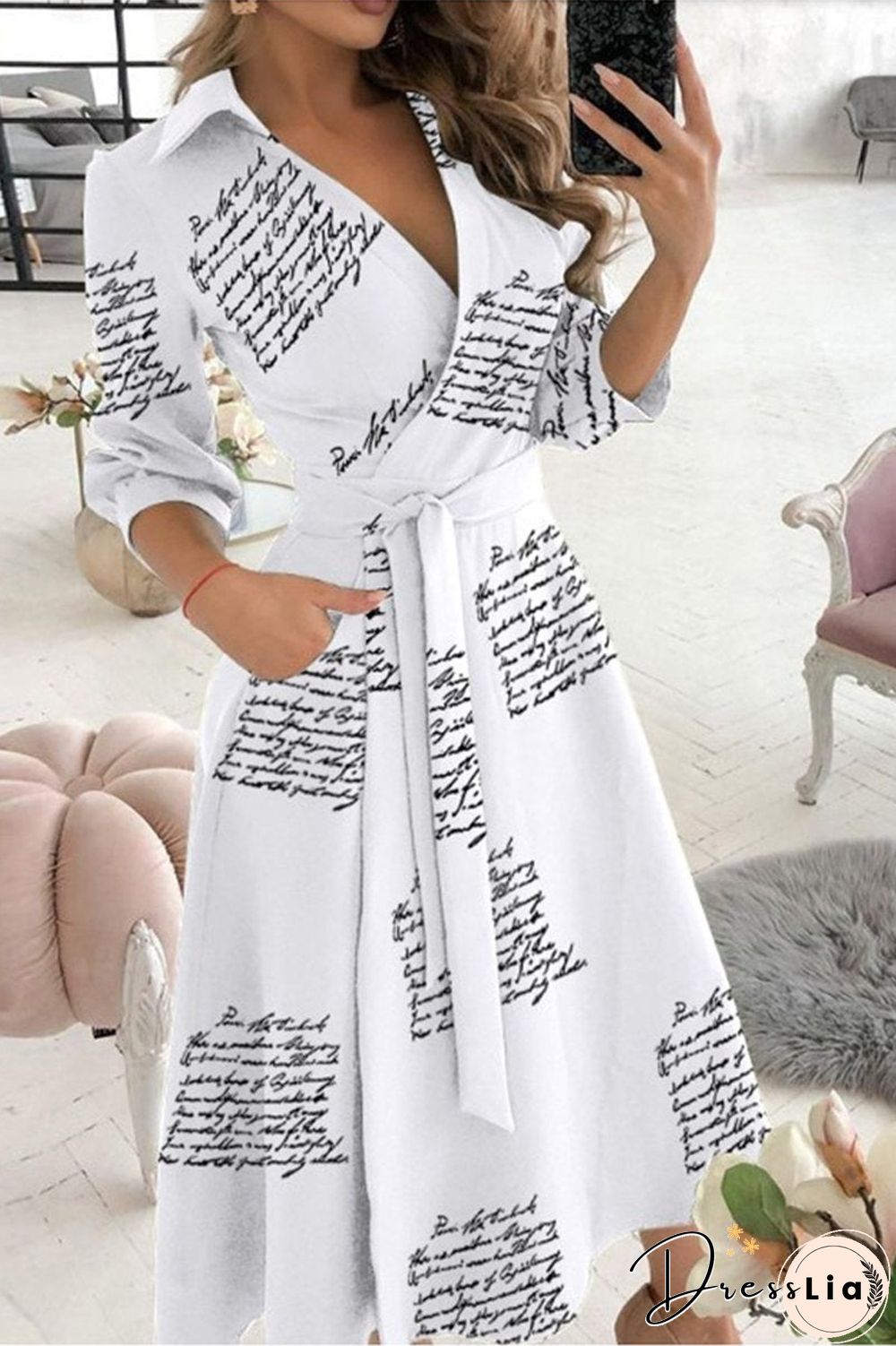 Alphabet Print Wrap Dress(With Belt)