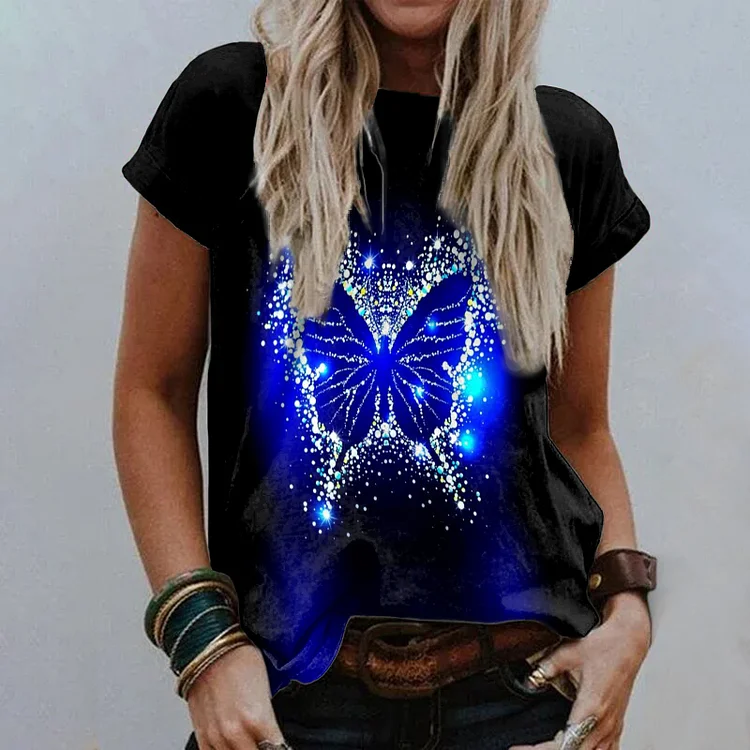 Vefave Butterfly And Diamond Print Crew Neck T-Shirt