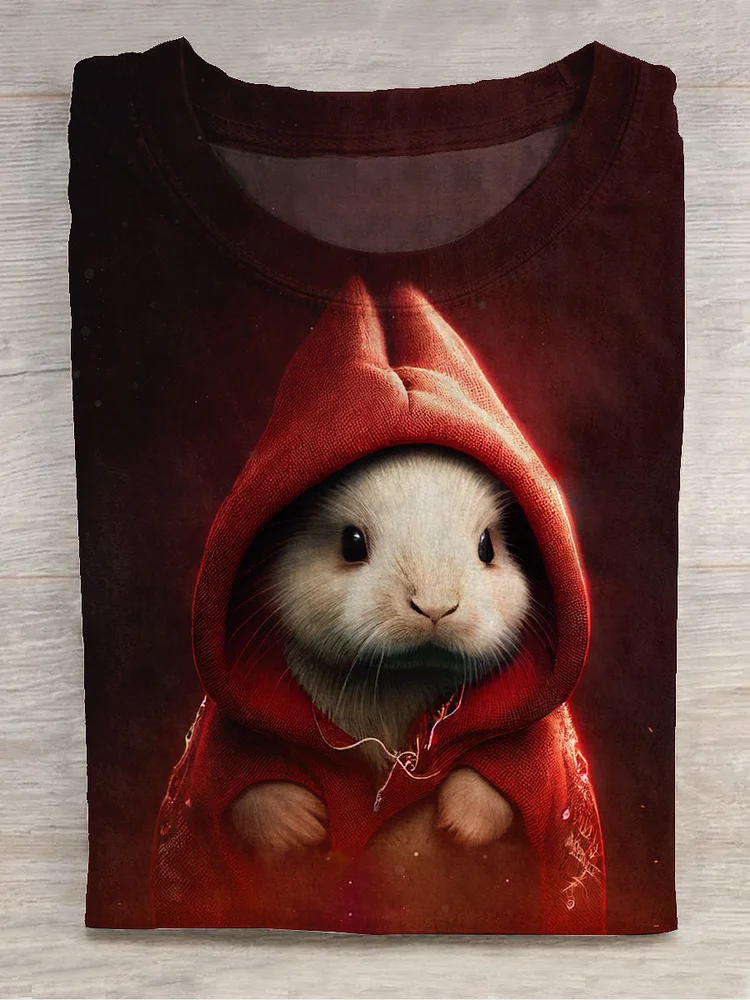 Christmas Little Red Riding Hood Rabbit Art Round Neck T-Shirt