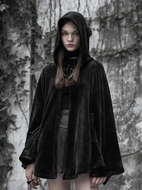 Solid Color Velvet Moon Shaped Batwing Sleeve Hooded Cape
