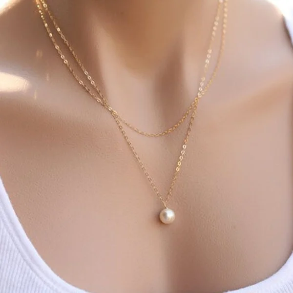 Womens Double Gold Plated Chains Pearl Charm Pendant Necklace