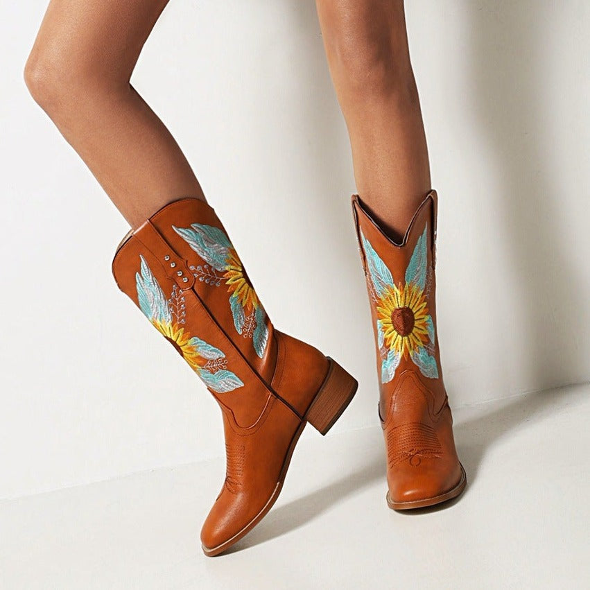 Sunflower embroidery mid calf cowboy boots for women Square toe block heels western boots