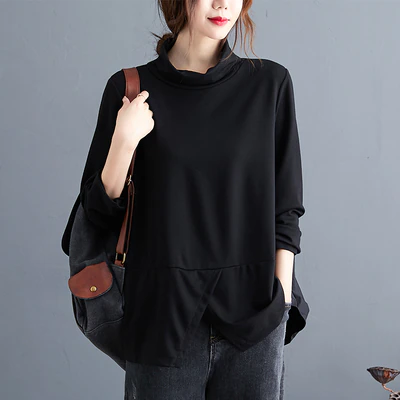 Oversized Women Autumn Long Sleeve T-shirt New 2020 Autumn Vintage Turtleneck Loose Comfortable Female Black Tops Shirts S1546