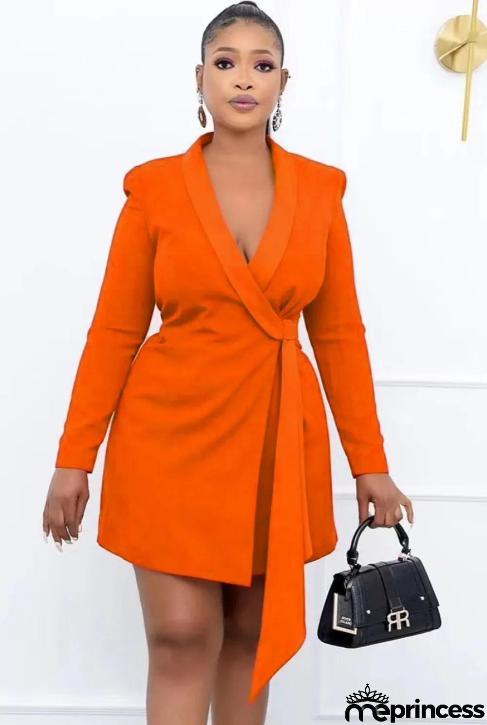 Fall Professional Orange Long Sleeve Knotted Blazer Dress