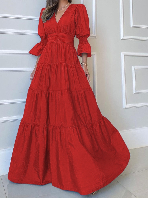 Women's Fashionable Temperament V-neck Bubble Long-sleeved Cake Dress | Oxredo Shop Ramadan Sale