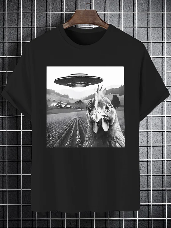 Men's Chicken UFO Alien Flying Saucer Graphic Print Cotton Casual T-Shirt