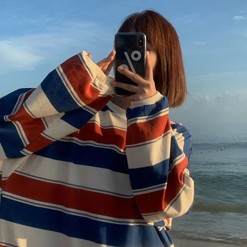 Brownm Brownm 2024 New Korean Version Of Loose Striped Long-Sleeve T-Shirt Female Ins Web Celebrity Students With Thin Clothes