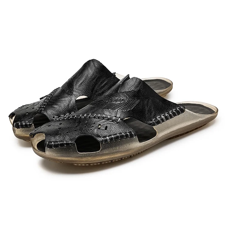 Demandernyc  2025 Summer Men's Slippers Casual Party Slides Retro Leather Flats Lightweight Leisure Shoes Men Outdoor Beach Slipper