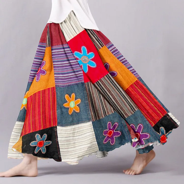Vintage Bohemian Floral Geometric Patchwork Linen Skirt