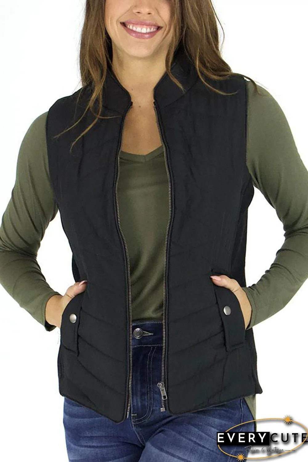 Black Zip-up Side Pockets Puffer Vest