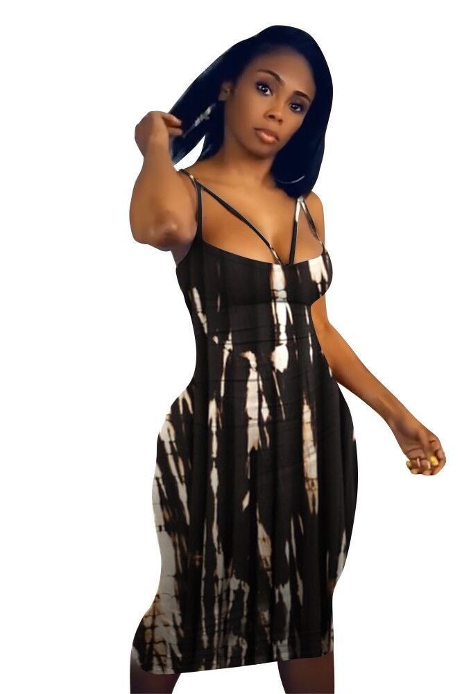 CM.YAYA Tie Dye Women Spaghetti Strap Midi Dresses for Women Beach Sexy Night Party Clubwear Sleeveless Bodycon Pencil Dress