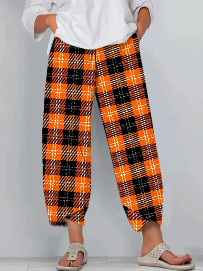 Women's Autumn Pumpkin Plaid Cropped Casual Pants
