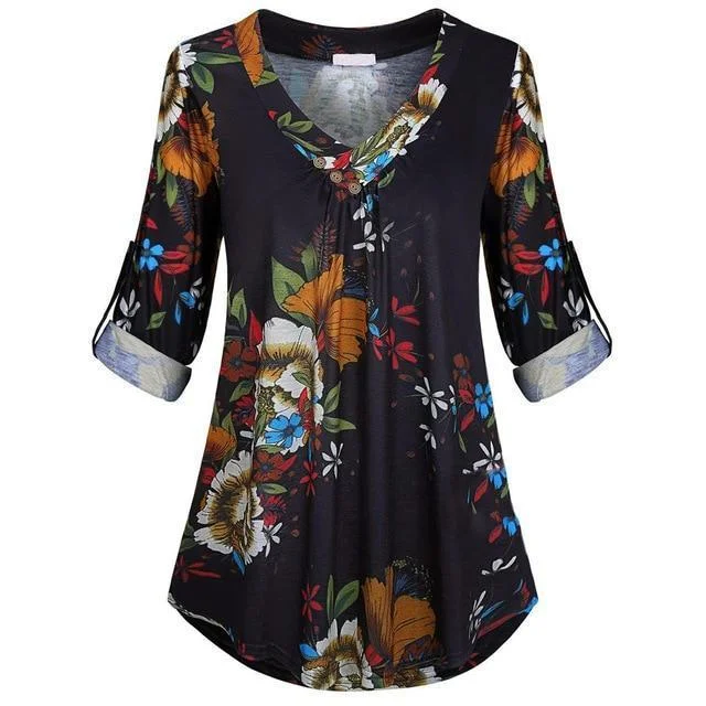 5XL Plus Size Women Tunic Shirt Floral Print V-neck Blouses And Tops | EGEMISS