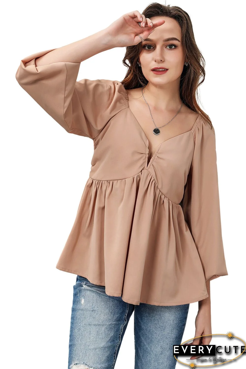 Orange Notched V-Neck Smocked Back Peplum Blouse