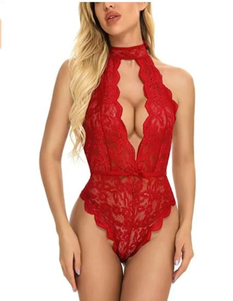 Churchf Women's Hanging Neck Tie With Sexy Bare Back Lace Conent Seduction Lingerie Suit