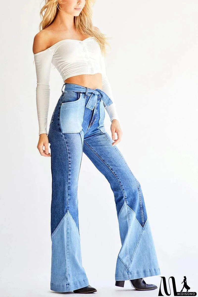 MidiSono - 70S Color Block Belted Bell Jeans