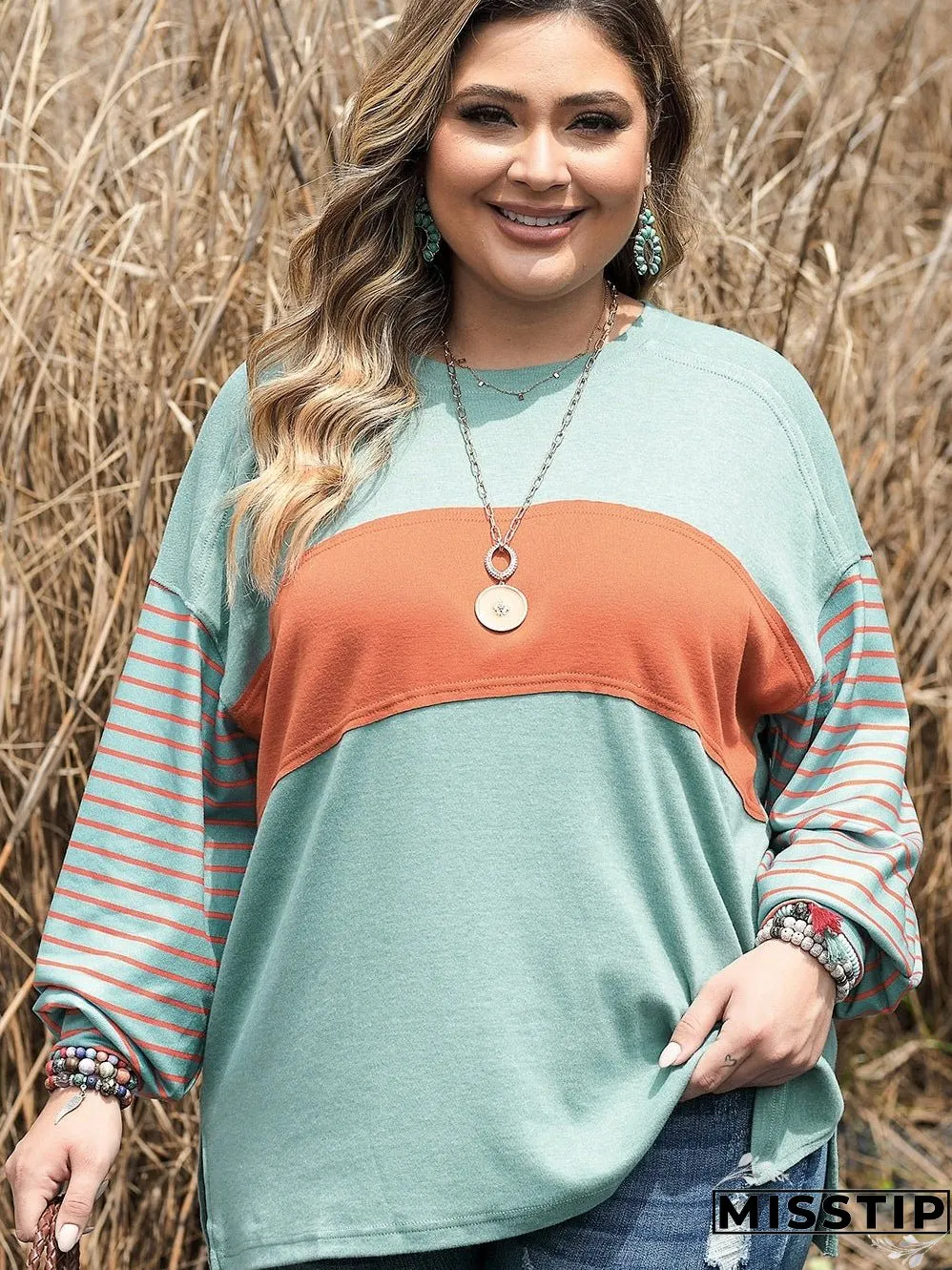 Green Plus Size Striped Long Sleeve Colorblock Tee with Slits