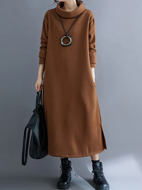 Pockets Solid Color Split-Side Velvet A-Line Long Sleeves High Neck Midi Dresses