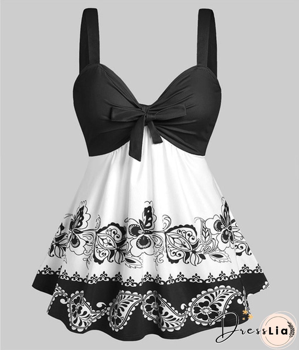 Women Fashion Plus Size Paisley Floral Print Front Tie Tank Top Summer Casual V Neck Sleeveless Tees Loose Empire Waist Curved Hem Camis Vest