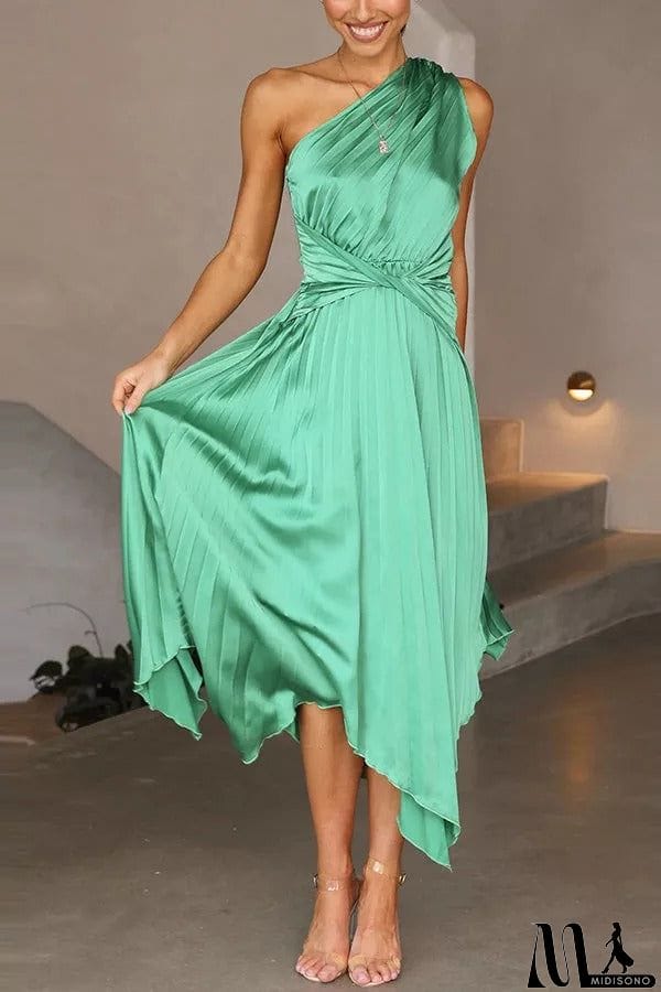 MidiSono - Satin One Shoulder Pleated Midi Dress